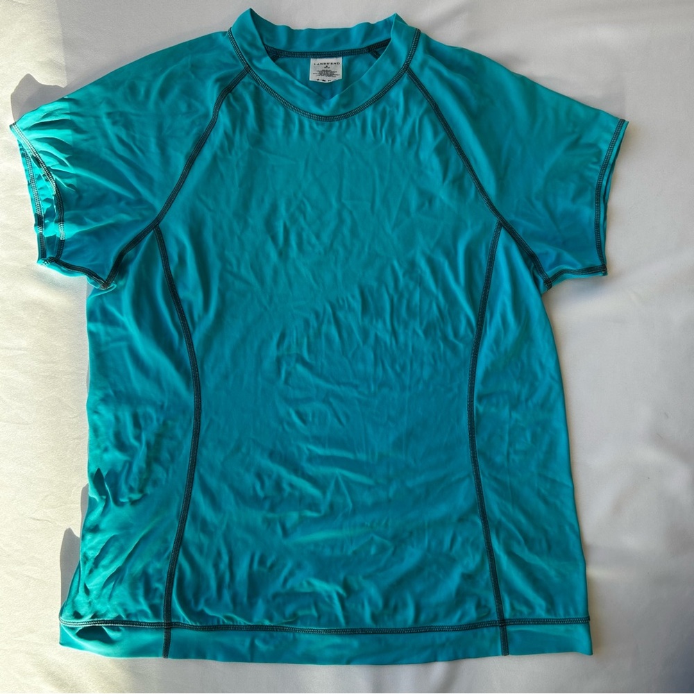Lands' End Teal Short Sleeve Swim Top with Contrast Stitching